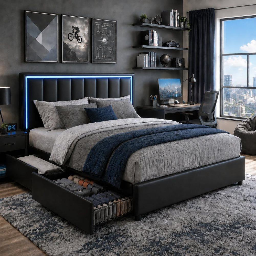 IMMERSTABLE Queen Size Bed Frame with Headboard and 4 Storage Drawers, Faux L...