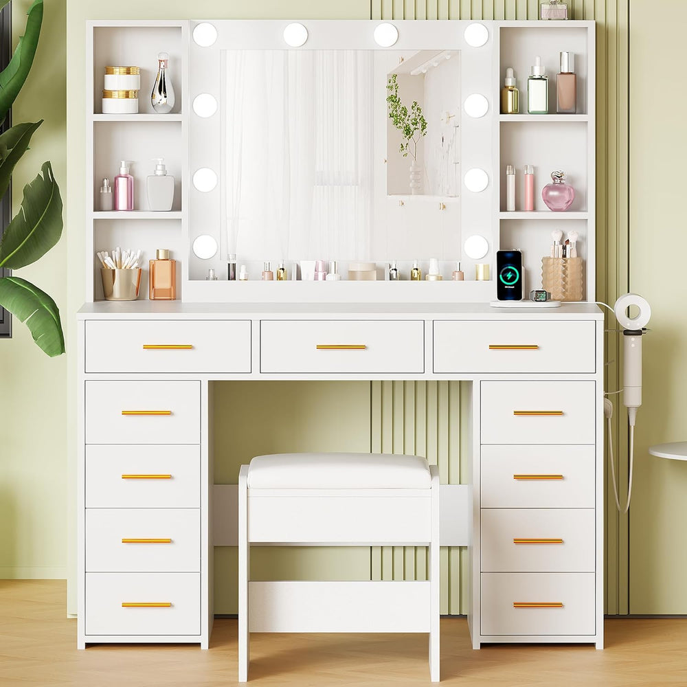 ANWBROAD 11 Drawers Makeup Vanity Desk with Mirror and Lights,Stool | White V...