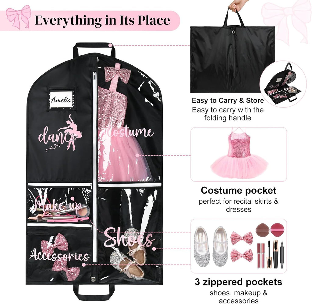 DEEKA Dance Garment Bag for Hanging Clothes with Zipper Pockets Dance Accessories Essentials Uniform Costume 40 Inch Dress Bags for Dance Competition Girls (Black,Pink-Dance)