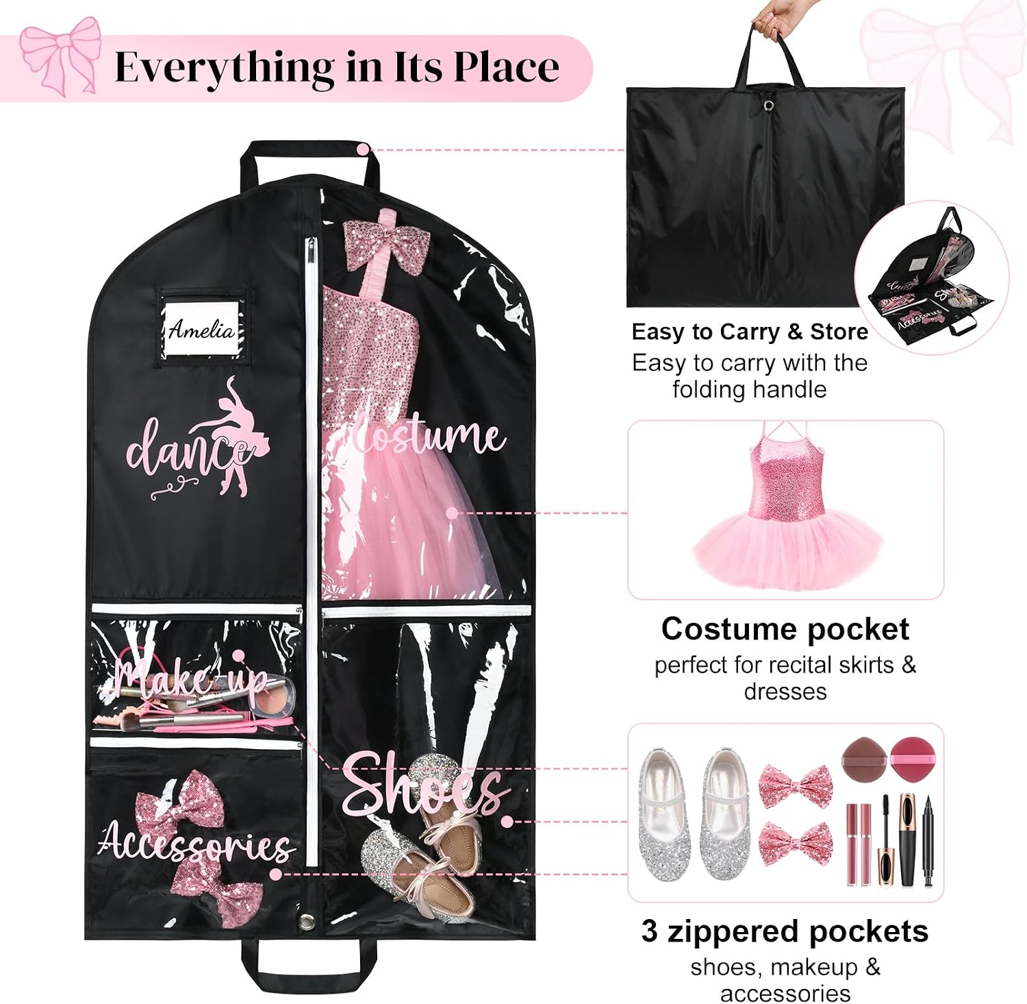 DEEKA Dance Garment Bag for Hanging Clothes with Zipper Pockets Dance Accessories Essentials Uniform Costume 40 Inch Dress Bags for Dance Competition Girls (Black,Pink-Dance)