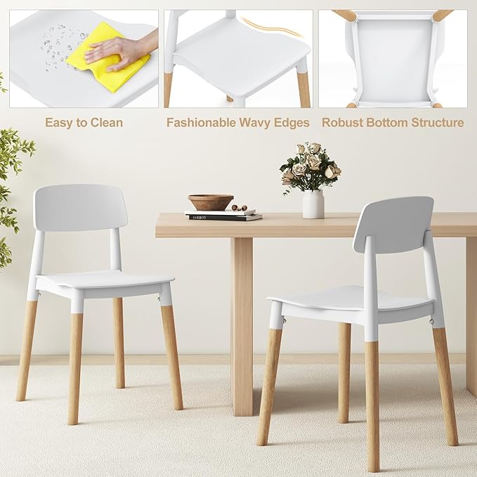 Giantex Modern Dining Chairs Set of 4, Plastic Dining Side Chair Set w/Sturdy Wooden Legs, Wide Seat & Ergonomic Backrest, Armless Kitchen Chairs for Dining Room Living Room Restaurant Cafe (White)