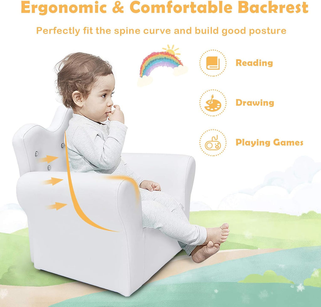 GLACER Kids Sofa with Ottoman, Kids White Couch with Embedded Crystal & PVC Leather, Upholstered Child’s Crown-Back Armchair, Baby Sofa Chair Seat Furniture, Princess Chair for Toddler Girls(White)