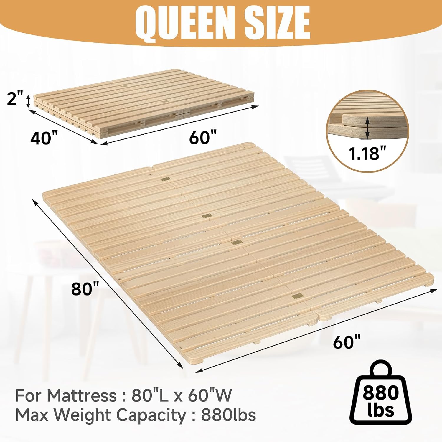 LILYPELLE Floor Bed Frame, Solid Wood Japanese Tatami Bed Frame, Foldable & Breathable & Moisture-Proof Bed Plate for Futon Mattress or Floor Sleeping, Standard Queen