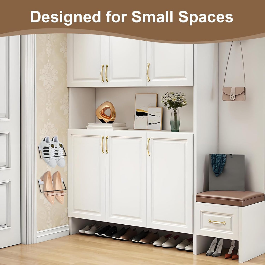 SCUNDA 2-Pack Wall Mounted Shoe Rack, Wooden & Metal Foldable Shoe Rack - Space Saving Wall Shoe Holder for Entryway, RV, Camper, Closet, Apartment, Fits Various Shoes-White