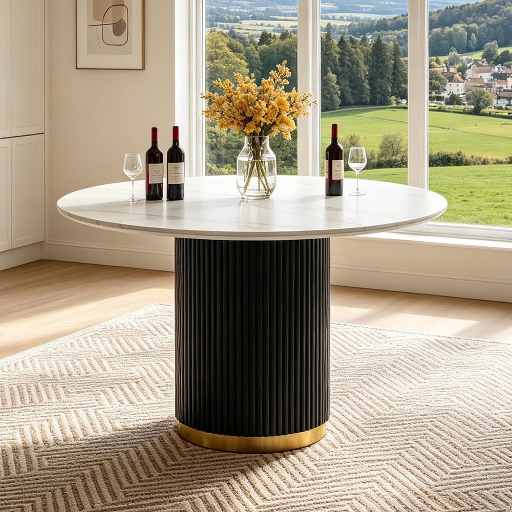 SSLine 41.3 in Round Sintered Stone Dining Table for 4 Fluted Pedestal Base |...