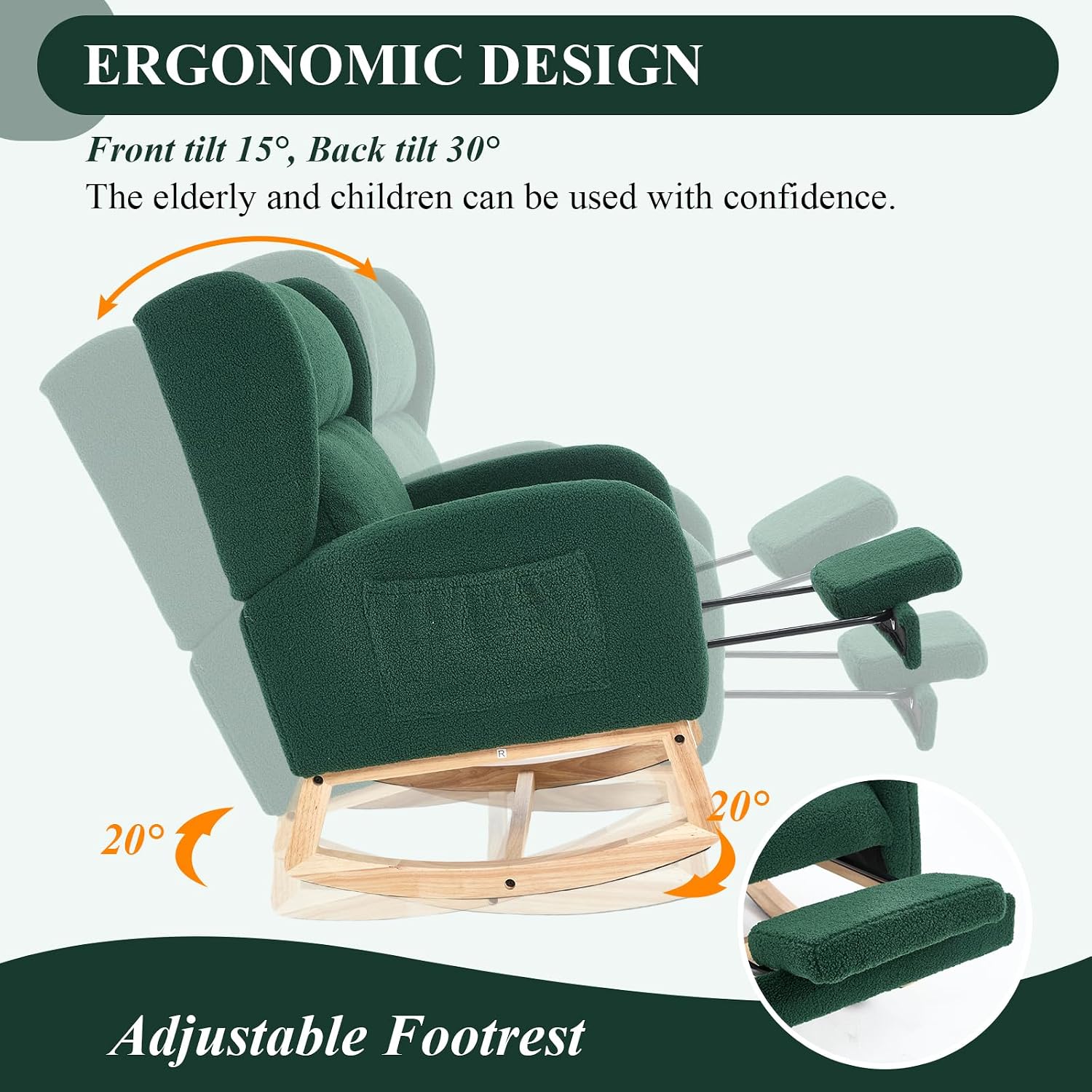 NIOIIKIT Nursery Rocking Chair with Footrest, Teddy Upholstered Glider Chair, Rocker Nursery Chair with Side Pocket, Glider Rocker, Accent Reading Chair for Living Room (Green)