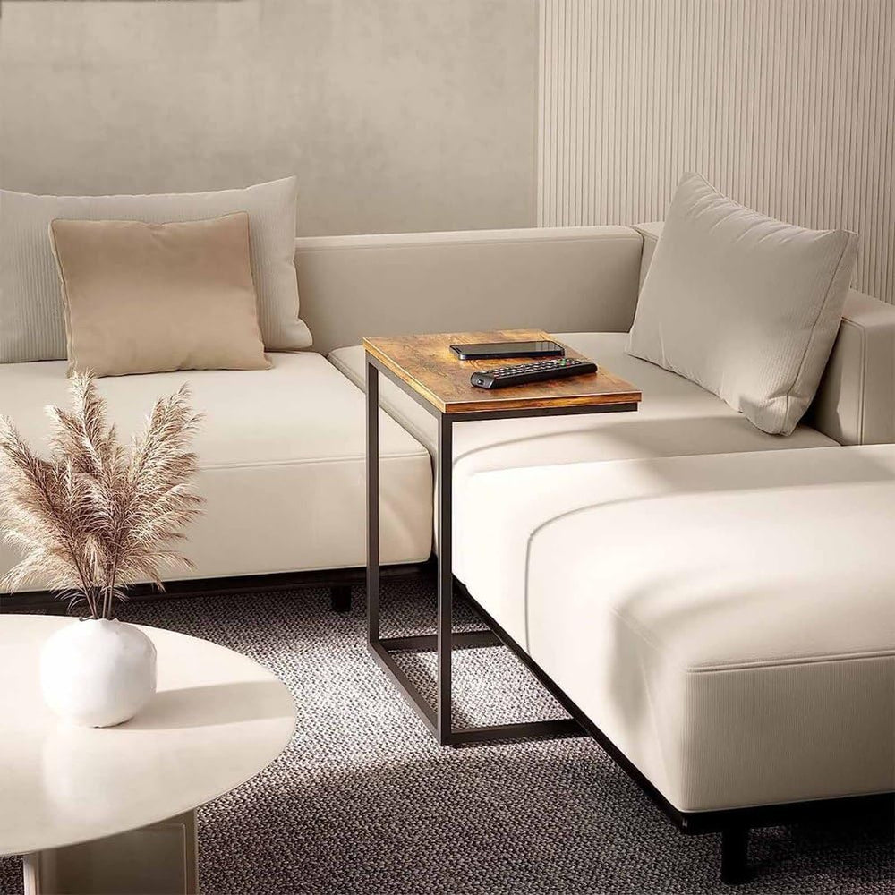 Side Table for Couch, C Shape End Table with Metal Frame, Adjustable Feet Hei...