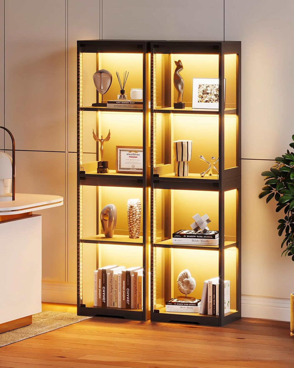 AODK Display Cabinet with Glass Doors, Glass Display Case with RGB LED Light,...