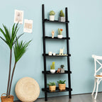 Ladder Shelf, 5-Tier Wall-Leaning Bookshelf, Rustic Wood Ladder, Storage Rack Shelves, Multipurpose Organizer Rack for Living Room, Bathroom, Office (Black)