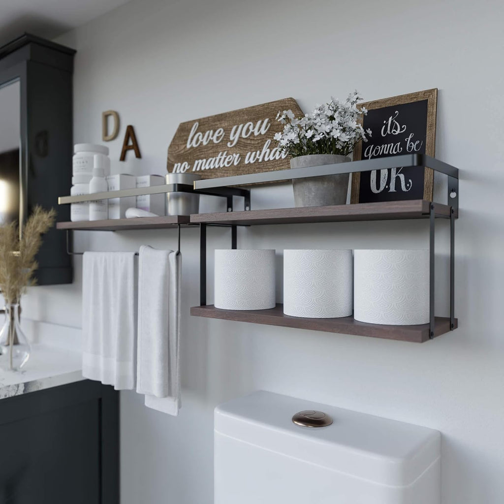 RICHER HOUSE 2+1 Tier Wall Mounted Floating Shelves Set of 2, Rustic Wood Shelf with Metal Frame, Extra Storage Rack for Bathroom, Kitchen, Bedroom with Tissue Rack & Towel Bar - Rustic Brown