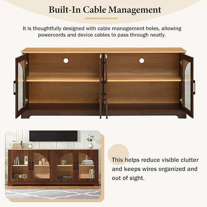 Farmhouse TV Stand with Adjustable Shelves for TVs up to 70'', Entertainment Center with Semi-Arched Glass Doors, Wood Grain Sideboard with Cable Management for Living Room, Walnut