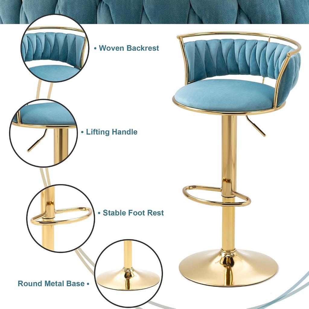 Velvet Swivel Bar Stools, Adjustable Counter Height Bar Chairs with Low Back & Footrest, Modern Gold Bar Stools for Kitchen Island, Bar Pub (Light Blue,Set of 2)