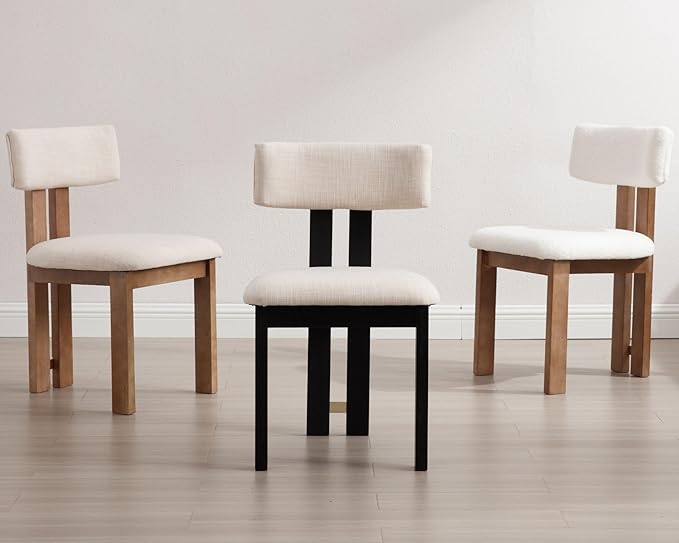 HNY Modern Farmhouse Linen Dining Chairs Set of 4, Beige Fabric Upholstered Dining Room Kitchen Chairs with Black Wood Frame & Curved-Back, Armless Accent Wood Chair for Dining Living Room