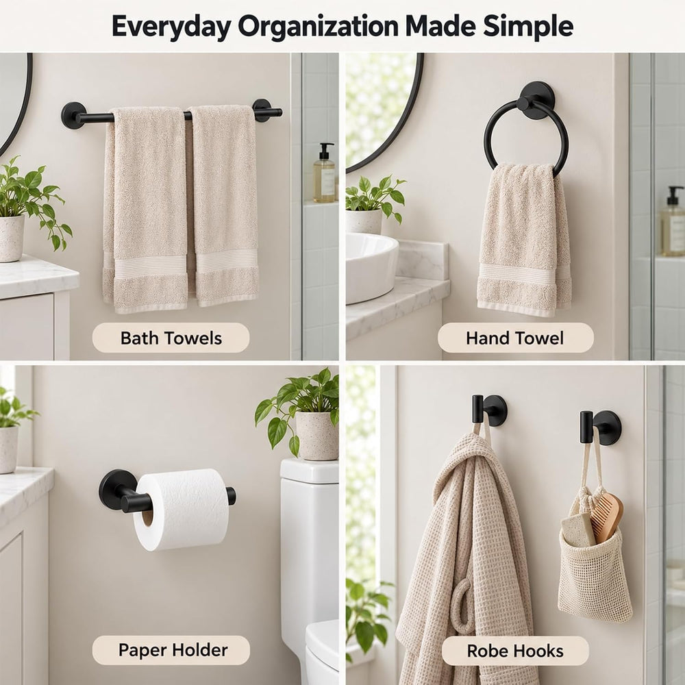 Bathroom Hardware Set, 6-Piece Matte Black 24 Inch Towel Bar, Wall Mounted