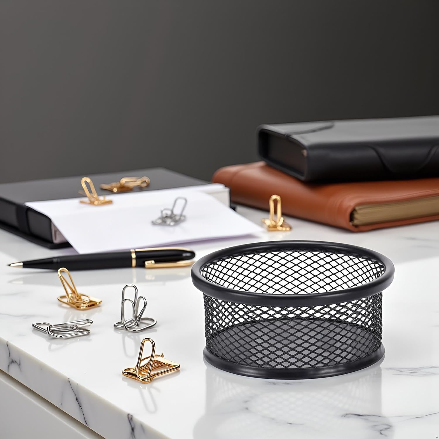 Black Metal Paper Clip Holder Mesh Paperclip Bowl Binder Clip Dispenser Desk Bobby Pin Container Organizer for Home Office Classroom School Desk Supplies Holders