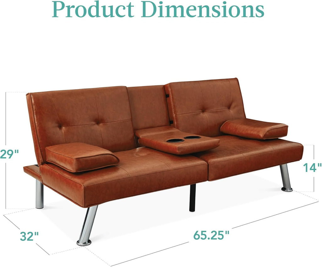 Best Choice Products Faux Leather Upholstered Modern Convertible Futon, Adjustable Folding Sofa Bed, Guest Bed w/Removable Armrests - Medium Brown