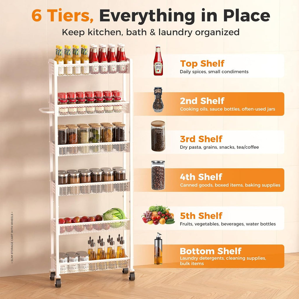 6 Tier Slim Storage Cart with Wheels, 6" D Rolling Storage Cart for Small Space, Metal Narrow Spice Cabinet Mobile Shelving Unit Organizer with Handle for Kitchen, Laundry - White
