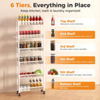 6 Tier Slim Storage Cart with Wheels, 6" D Rolling Storage Cart for Small Space, Metal Narrow Spice Cabinet Mobile Shelving Unit Organizer with Handle for Kitchen, Laundry - White