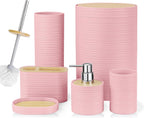 CERBIOR Bathroom Accessories Set 6 Piece Bamboo Bath Ensemble Includes Soap Dispenser, Toothbrush Holder, Toothbrush Cup, Soap Dish for Decorative Countertop and Housewarming Gift, Sriral Pink