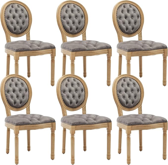 French Country Dining Chairs Set of 6,Farmhouse Upholstered Dining Room Chairs with Tufted Round Back&Solid Leg,Velvet Kitchen Side Chairs for Kitchen/Bedroom/Dining Room,Gray