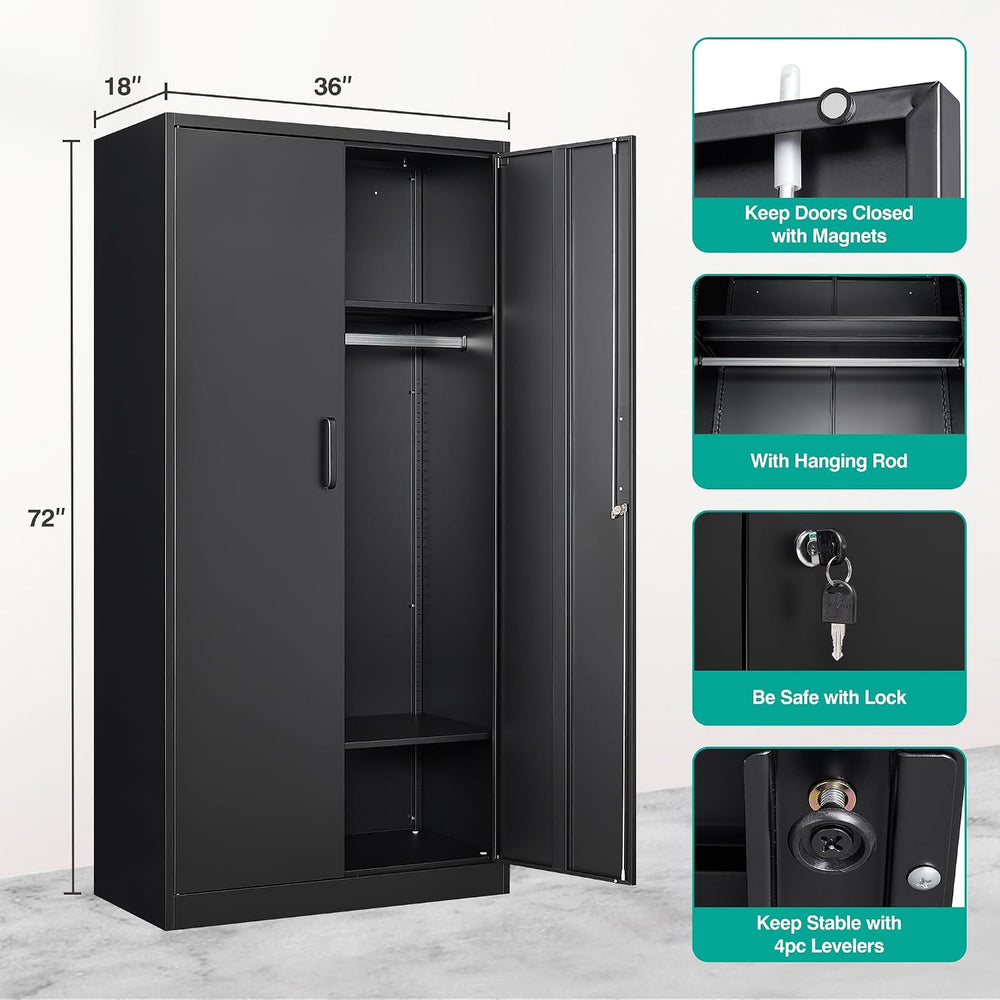 Metal Wardrobe Cabinet with Hanging Rod & Lock,Black Armoire Wardrobe Clo...