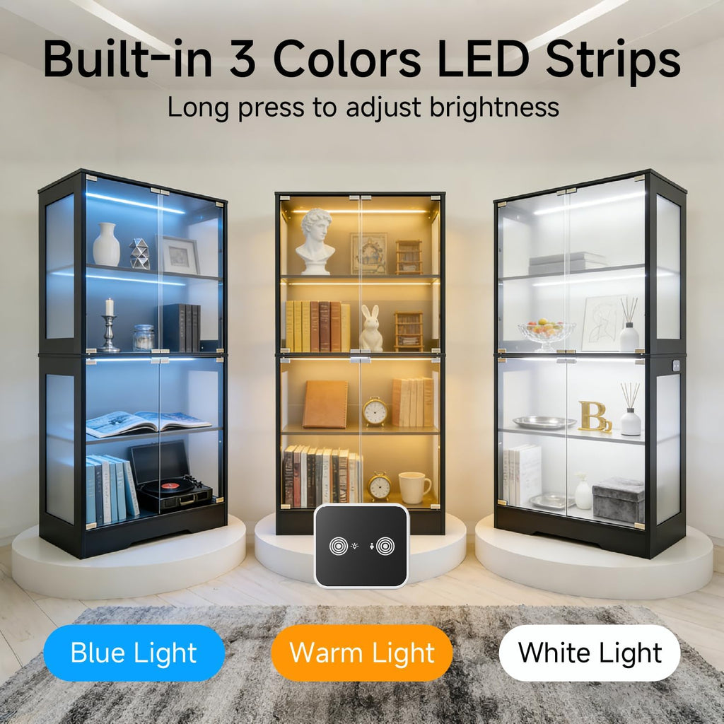 GINGO 5.5 Ft Display Cabinet with Glass Doors, 4-Tier Curio Cabinet with 3 Color Lights for Collectibles, Glass Display Case with Human Body Sensor, Bookcase with 4 Shelves, Storage Cabinets, Black