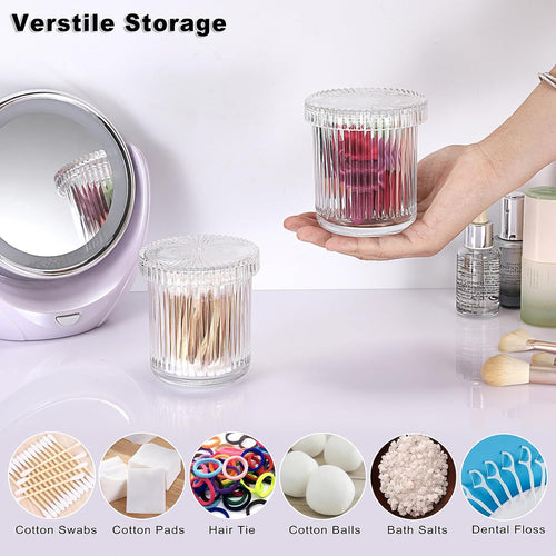 2 Pack Glass Qtip Holder with Lid, Qtip Dispenser Bathroom Storage Jars- Glass Apothecary Jars for Cotton Ball, Swab, Pads, Floss Picks, Bathroom Accessories Organization and Vanity Organizer(Clear)