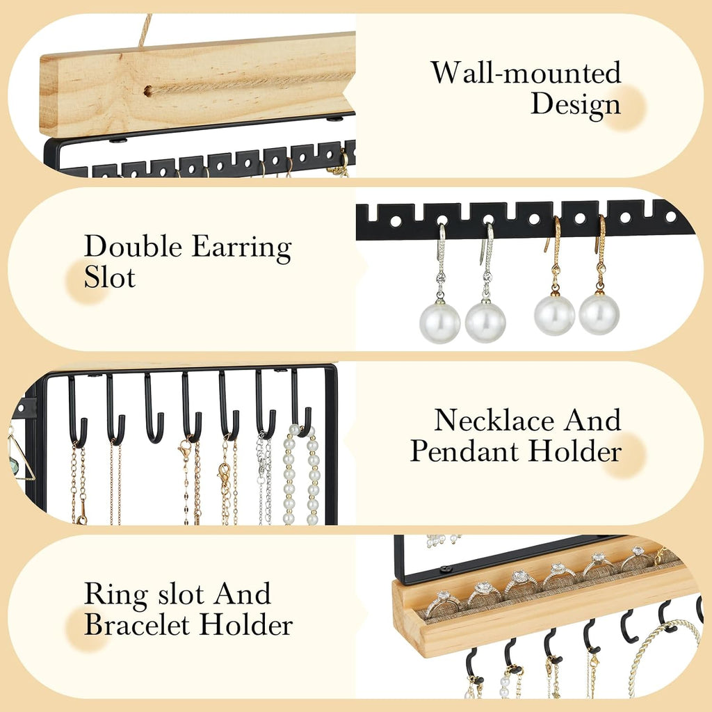 Feyejade Hanging Jewelry Organizer, 5-Tier Wall Earring Holder with Wooden Ring Groove, Jewelry Rack Wall Mounted for Earrings, Necklaces, Bracelets and Rings, Jewelry Holder Stand, Black