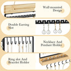 Feyejade Hanging Jewelry Organizer, 5-Tier Wall Earring Holder with Wooden Ring Groove, Jewelry Rack Wall Mounted for Earrings, Necklaces, Bracelets and Rings, Jewelry Holder Stand, Black