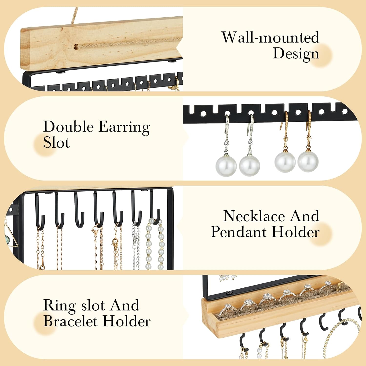 Feyejade Hanging Jewelry Organizer, 5-Tier Wall Earring Holder with Wooden Ring Groove, Jewelry Rack Wall Mounted for Earrings, Necklaces, Bracelets and Rings, Jewelry Holder Stand, Black