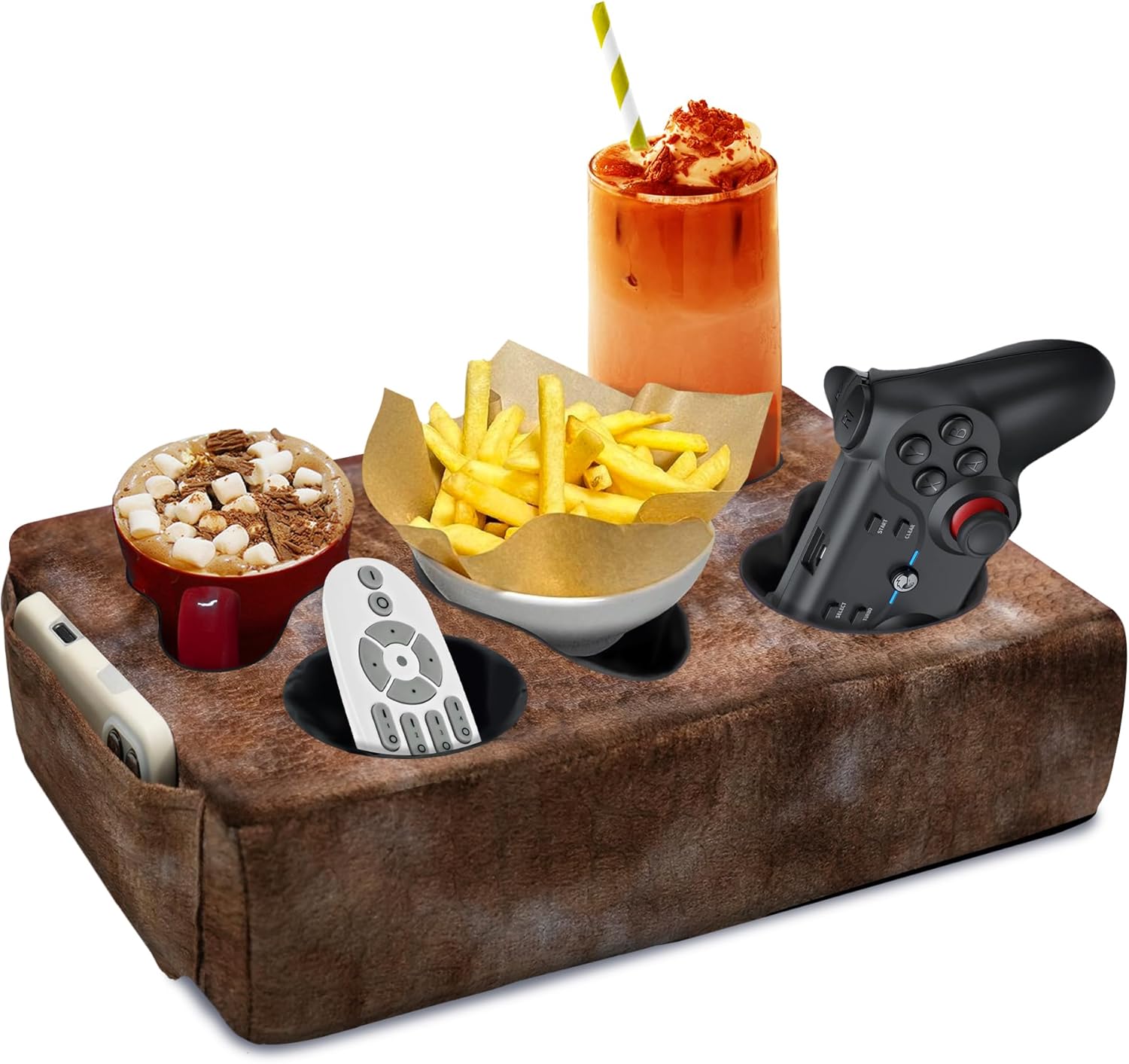 Couch Cup Holder Pillow, 5 Hole Couch Drink Holder! Keep Drinks Hand Side and Keep Temp, Prevent Spills and Use Anywhere. Cup Holder for Couch, Bed, Camping, RV, Car, Beach. Brown