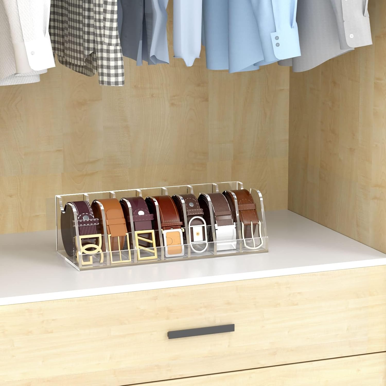 NIUBEE Belt Organizer - Acrylic Belt Storage Holder with 7 Compartments and Display Stand