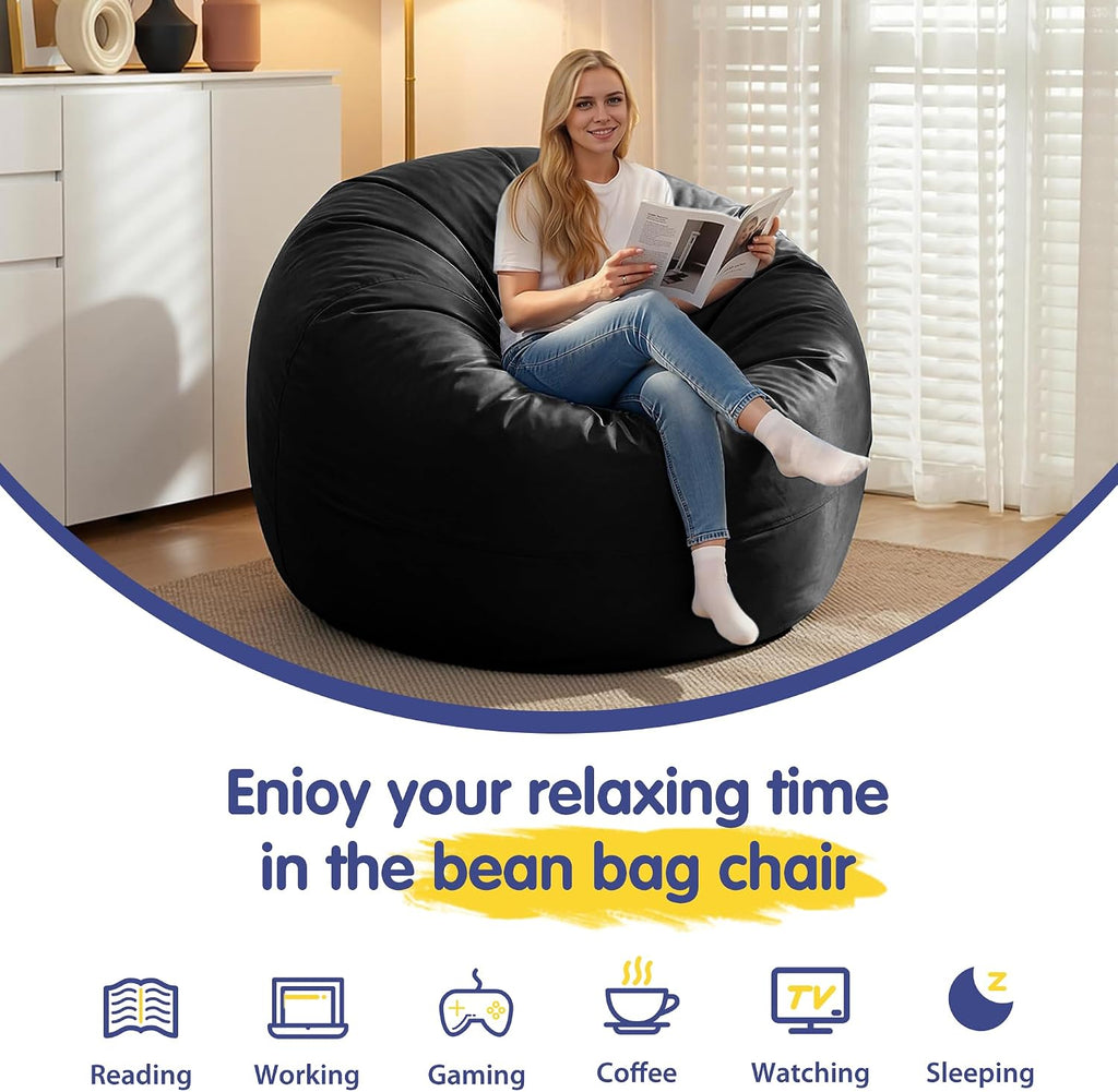 4FT Adult Bean Bag Chair, 4'Comfy Bean Bags, Large BeanBag Chairs | Bean Bag Chairs for Adults with Memory Foam Filled, Washable Cover,Lazy Sofa for Gamming Room,Living Room & Bedroom,Black