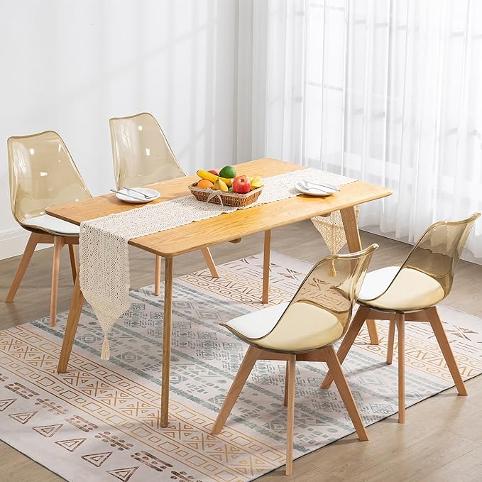 Clear Dining Chairs Set of 4, Modern Acrylic Dining Chair Transparent Chairs with PU Leather Cushions Seat & Wood Legs, Side Chairs for Dining Room Kitchen Restaurant Balcony (Yellow)