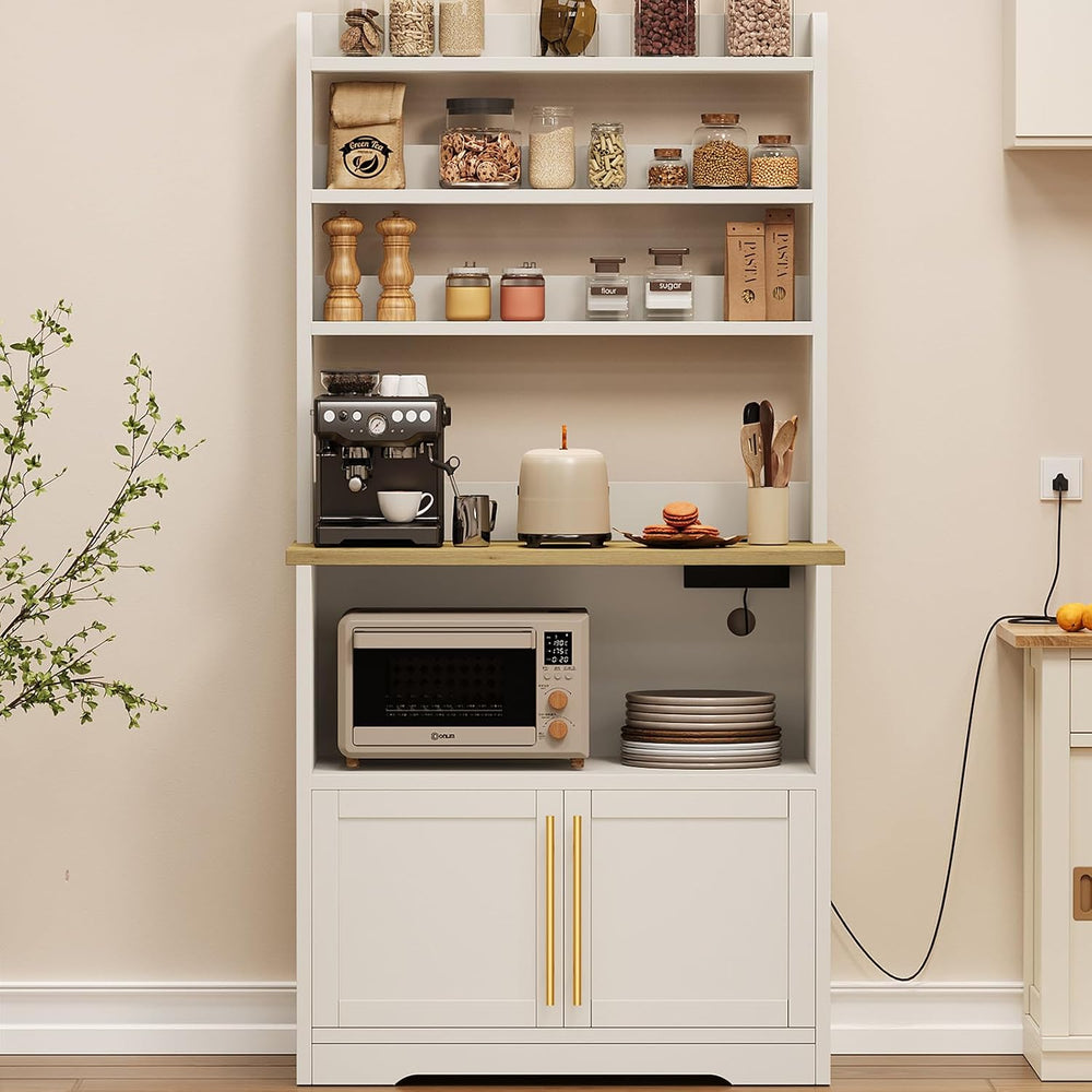 IDEALHOUSE Bakers Rack with Storage Cabinet, Microwave Stand with Power Outle...