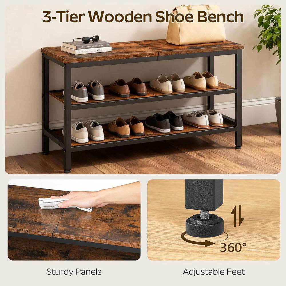 YATINEY Wooden Shoe Bench, 3-Tier Industrial Shoe Storage Bench, Sturdy Shoe ...
