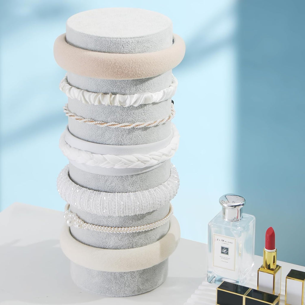 Headband Holder Organizer, Soft Velvet Tower Hairband Stand Display, Vertical Hair Hoop Accessories Jewelry Storage for Women Girls (Gray Beige Velvet)