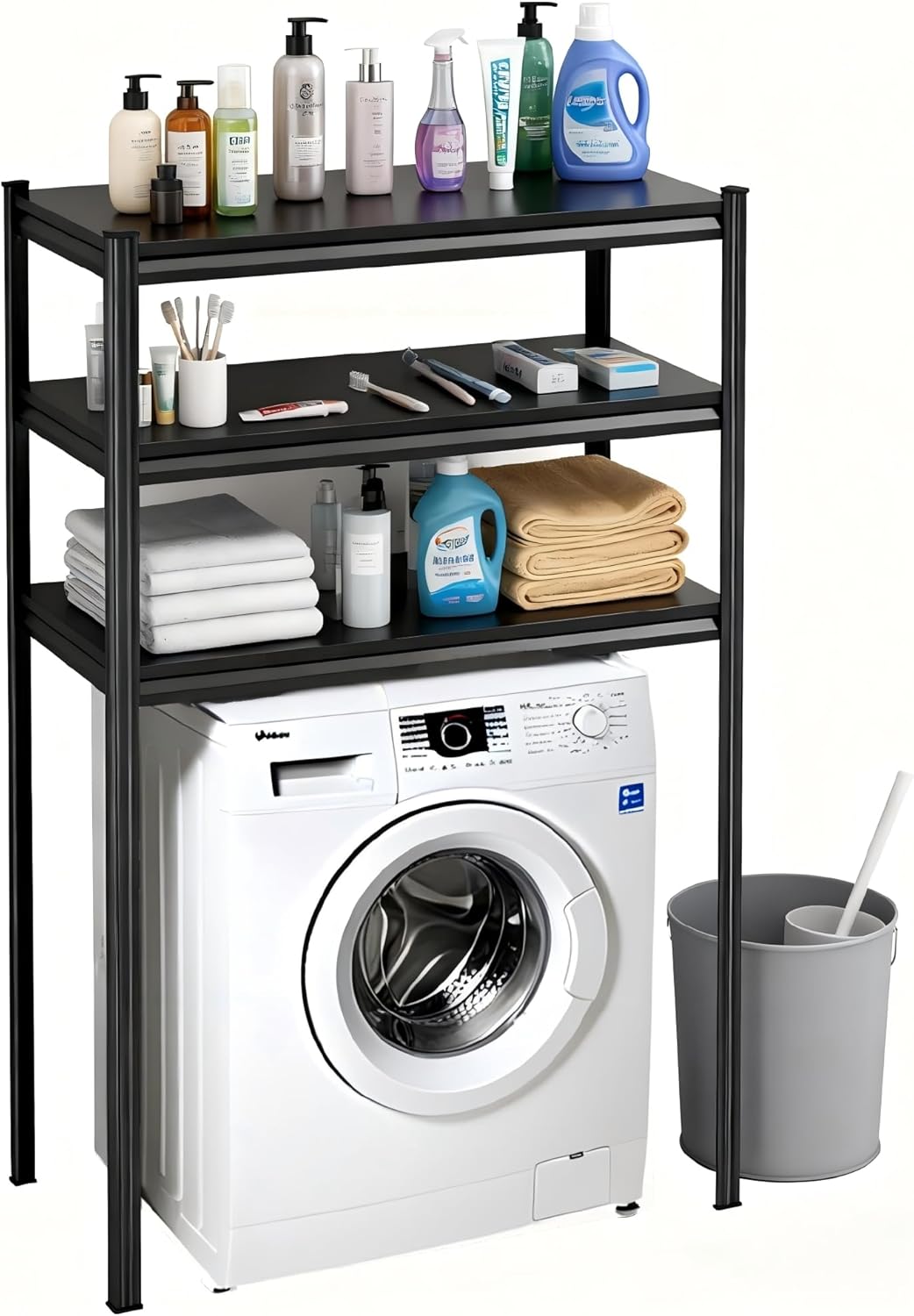 Height-Adjustable Bathroom & Laundry Storage Shelf, 3-Tier Metal Organizer Rack for Washer Dryer, Sturdy Shelving Unit for Bathroom Essentials, 63 x 35.4 x 13.8 Inches