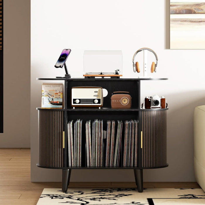 LUVIOHOME Large Round Record Player Stand with Charging Station & USB Ports