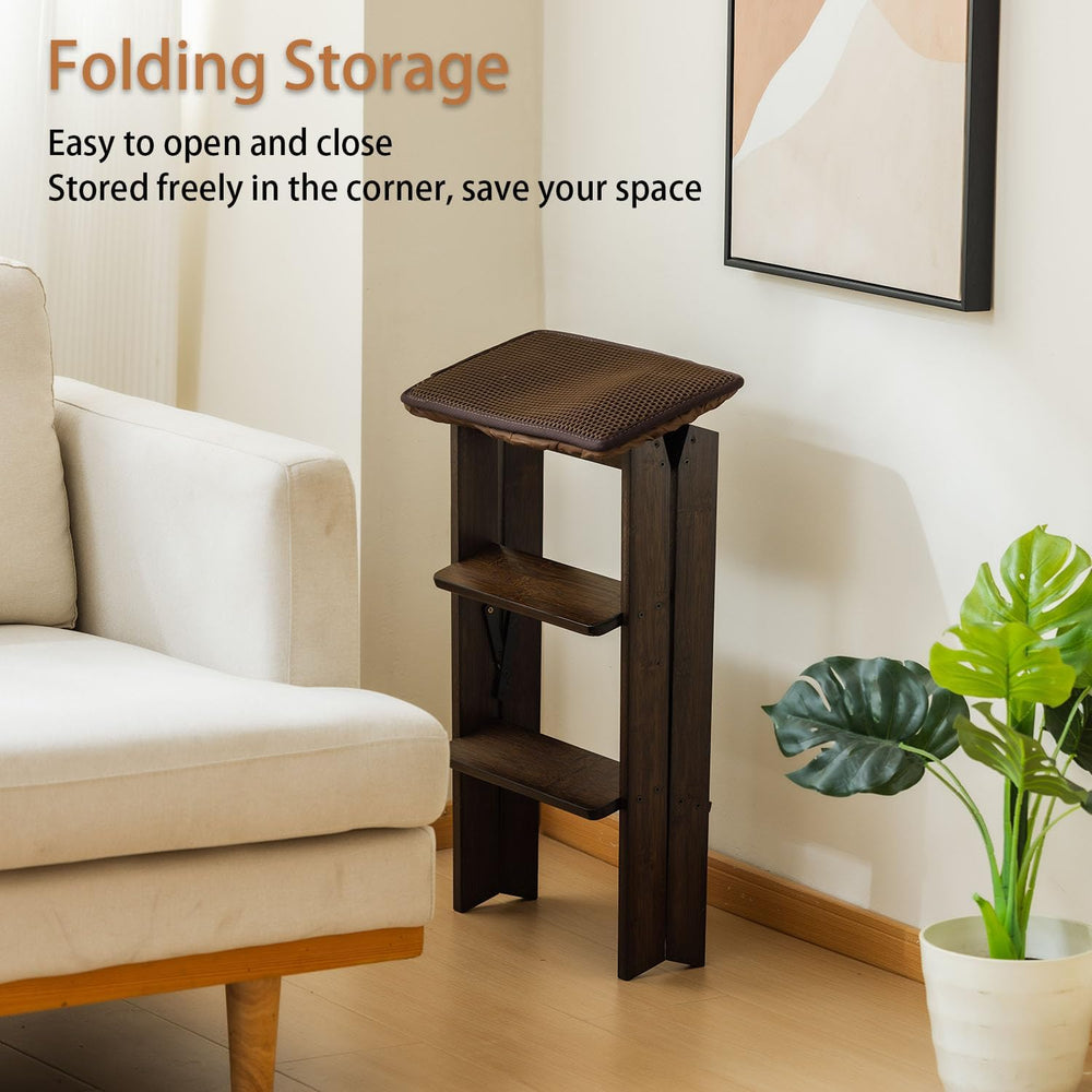 Latifolia Foldable 3 Step Ladder, Bamboo Step Stool with Floor Saver, Decorat...