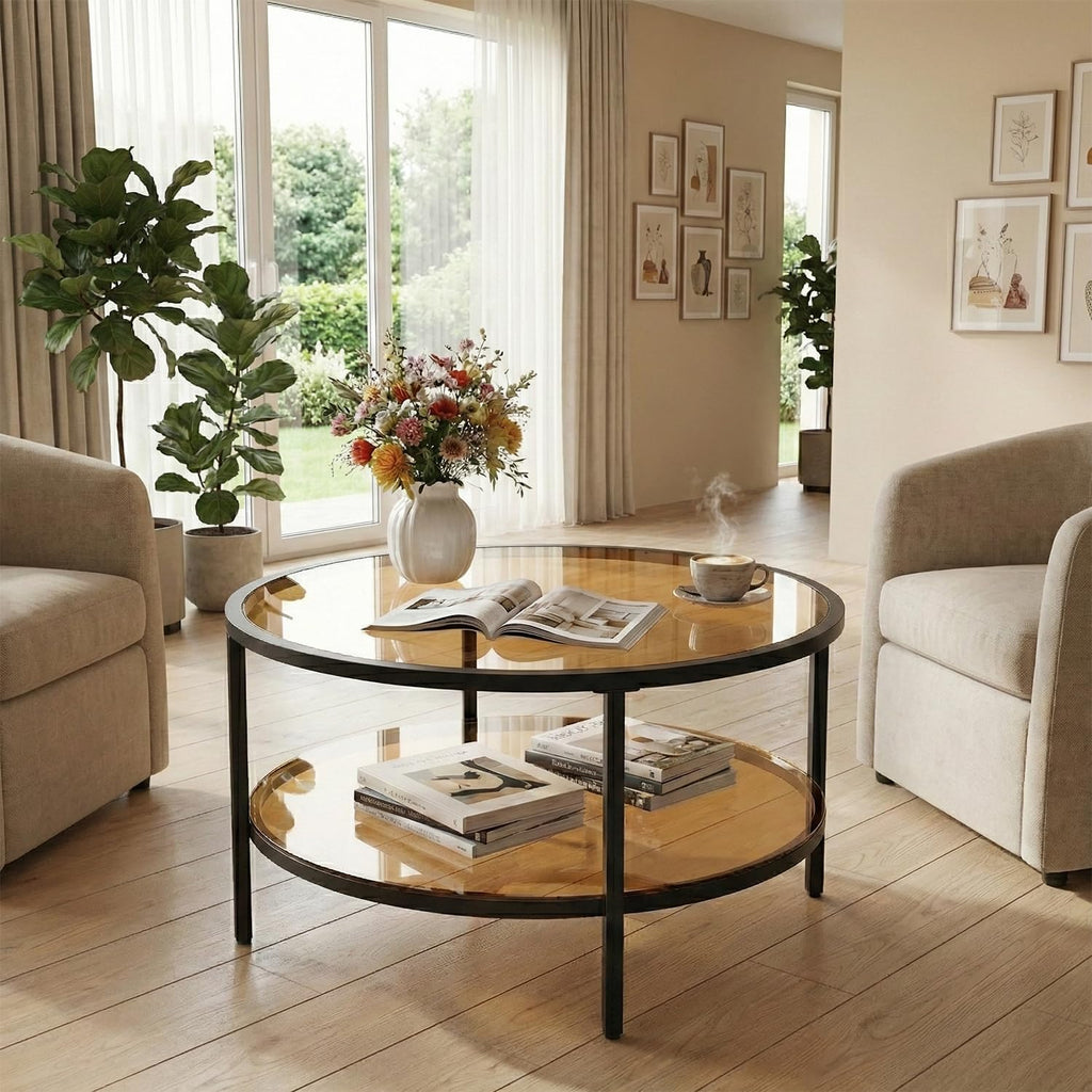 DIYART 29.5" Round Glass Coffee Table, 2-Tier Modern Amber Glass & Metal End Table for Living Room, Mid Century Accent Table with Lower Shelf, 29.5" D x 16.5" H