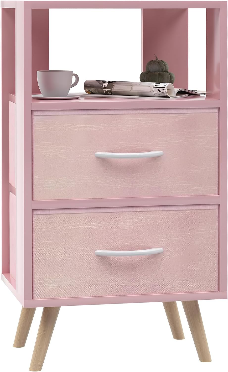 Aenuert Night Stand, Pink Nightstand with 2 Fabric Drawers, Wooden Side Table...