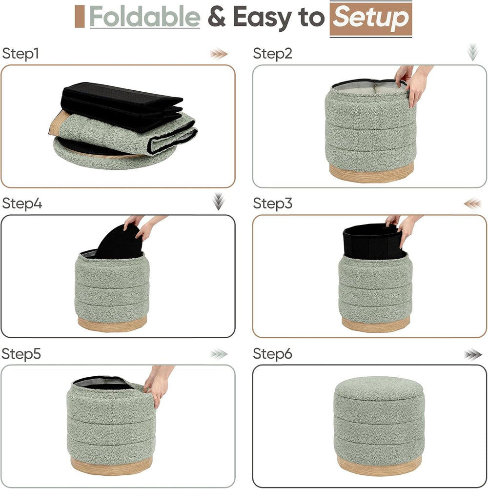 Round Storage Ottoman with Reversible Tray Lid, Folding Chenille Fabric Footr...