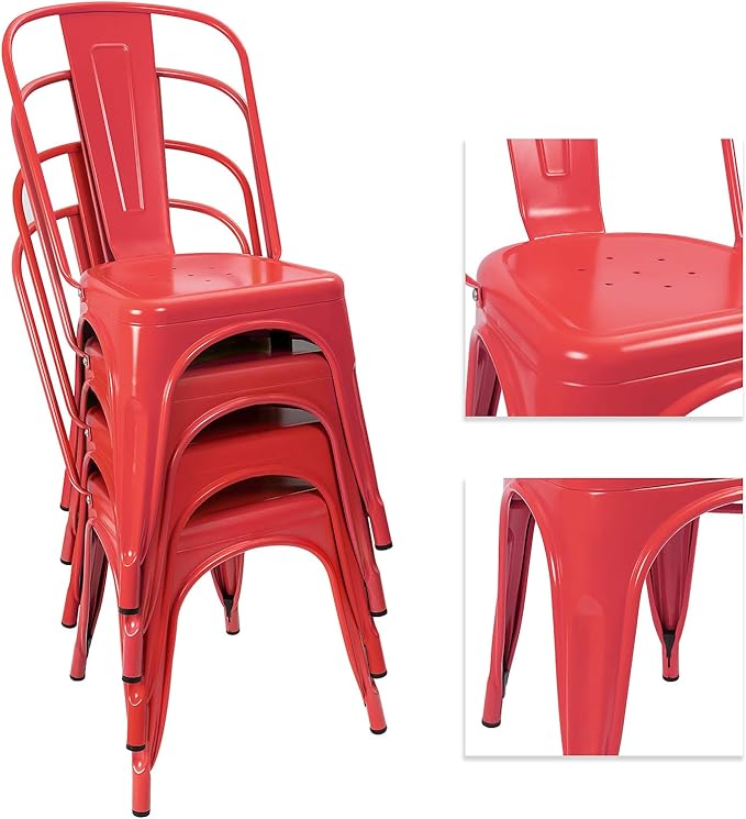 Devoko Metal Indoor-Outdoor Chairs Distressed Style Kitchen Dining Chairs Stackable Side Chair with Back Set of 4 (Red)