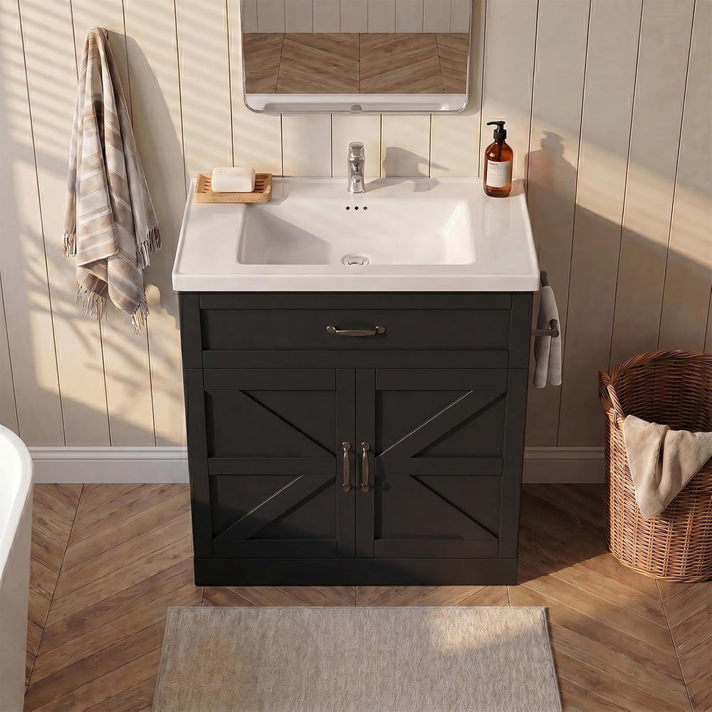 31 Inch Bathroom Vanity with Sink, Drawer and Barn Doors Cabinet, Black | Far...