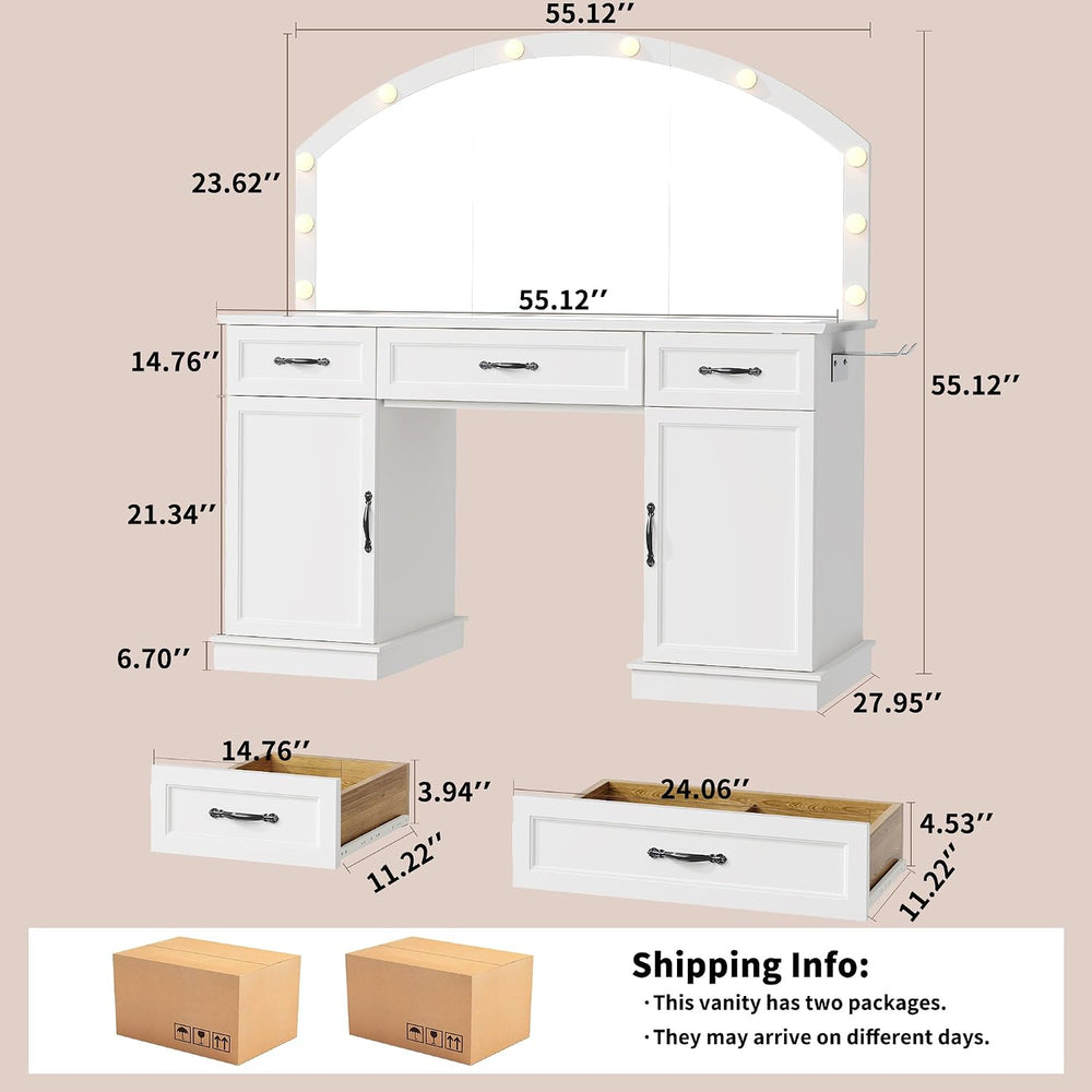 Vanity Table with Mirror and Lights, 55" Large LED Makeup Mirror with 3 ...