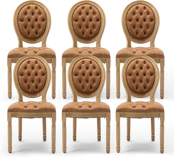PU Leather Upholstered Dining Chairs Set of 6 French Country Round Back Kitchen Side Chairs with Nailhead Trim and Wood Legs for Dining Room, Kitchen, Restaurant(Orange)