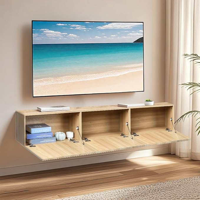ZYBT Floating TV Stand, Modern Wall Mount Entertainment Center TV Shelf, 70.7" Media Console Under TV Storage Cabinet with Fluted Doors, TV Consoles for Living Room, Floating Cabinet for Wall (Oak)