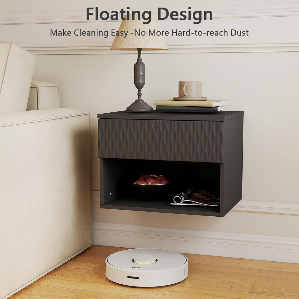 Vibe & Dine Floating Nightstand Set of 2, Wall Mounted Night Stand with Wavy Pattern Design, Modern Bedside Tables with Drawers for Bedroom, Easy Assembly, Black