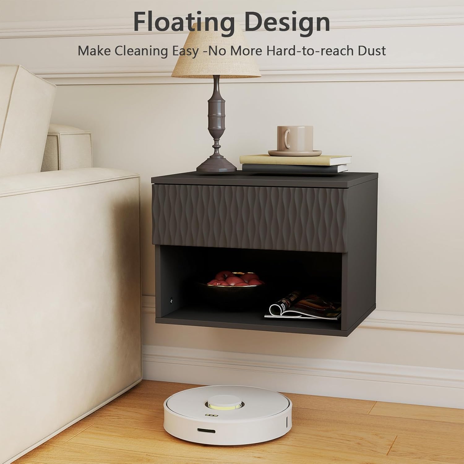 Vibe & Dine Floating Nightstand Set of 2, Wall Mounted Night Stand with Wavy Pattern Design, Modern Bedside Tables with Drawers for Bedroom, Easy Assembly, Black